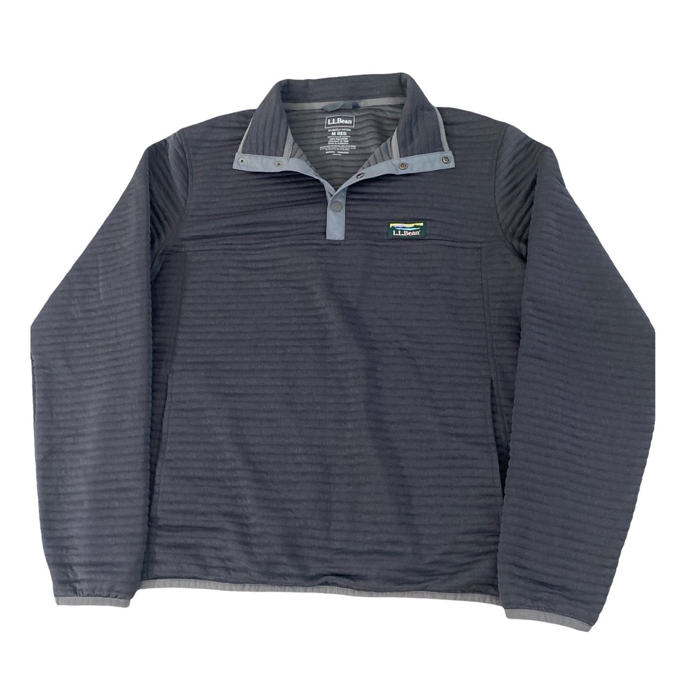 LL Bean Airlight Knit Pullover Mens Medium Gray Textured Snap Neck Fleece 506874